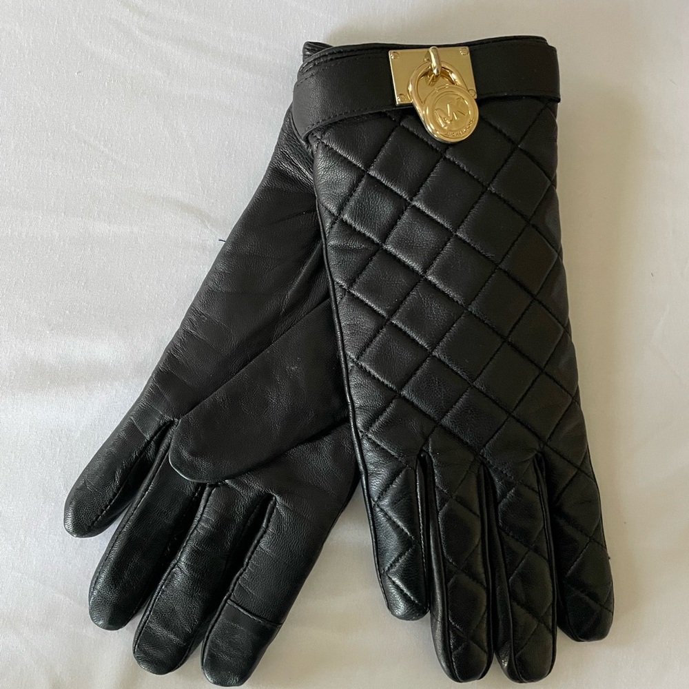 Michael Kors Black Quilted Leather Gloves with Gold Accent - New